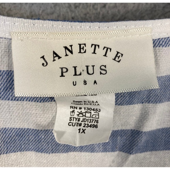 Janette Plus Dress Womens 1X Blue Stripe Short Sleeve Faux Wrap USA Made Coastal - Picture 3 of 12
